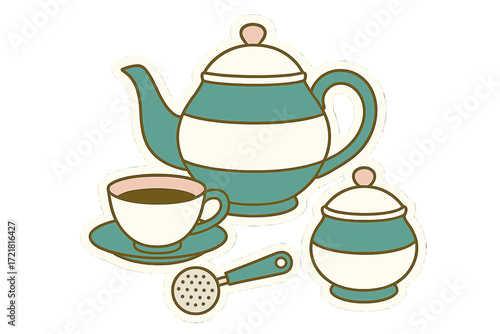 Elegant tea set with teapot, cup, and sugar bowl in pastel colors for a cozy afternoon tea experience