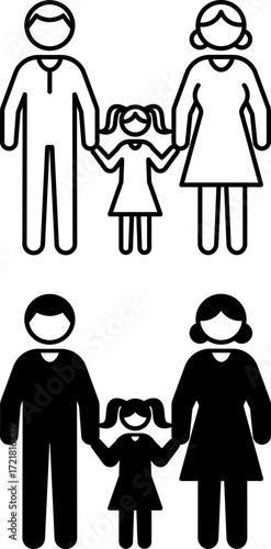 Parents Icons. Black and White Vector Illustrations. Mom, Dad, and Daughter, Relatives. Family Concept