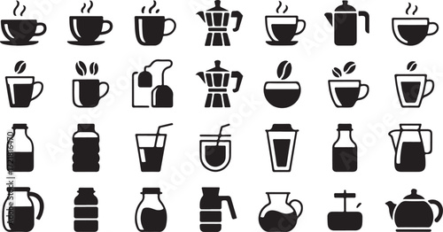 Collection of black and white icons representing coffee and beverage items coffee cup tea cup
