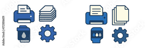 Visual representation of printing processes with various icons for documents, printers, and settings