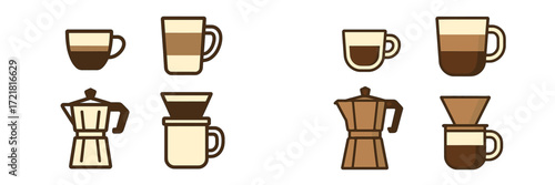 Coffee brewing tools and cup designs displayed in a simple layout for coffee lovers