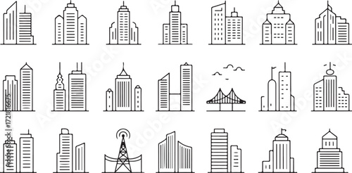 Collection of black and white line art icons depicting various city buildings and a bridge cityscape