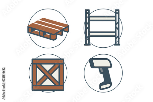 Wooden pallet, storage rack, crate, and tool illustrations showcasing warehouse and logistics essentials