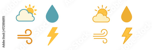 Weather icons depicting sunny, rainy, windy, and stormy conditions with bright colors and simple designs for clear communication
