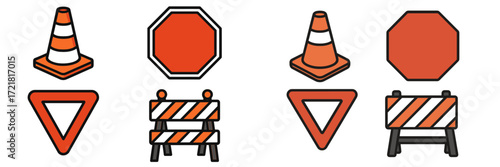 Collection of traffic signs and cones on a white background showcasing road safety elements