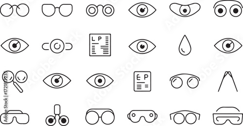 Collection of black line art icons for vision care and eyewear eyes glasses