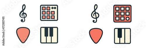 Music symbols and instruments depicted in a simple flat design for creative projects