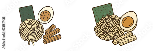 Different types of noodles and toppings displayed on a wooden surface