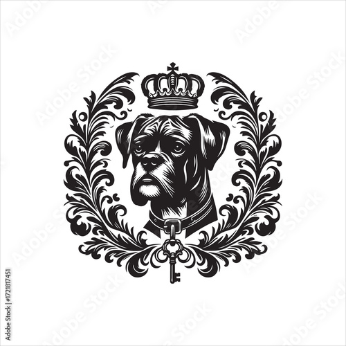 Regal Boxer Dog Portrait with Crown and Key in Ornate Floral Frame.