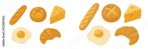 Variety of baked goods and breakfast items arranged on a simple background with yellow tones representing delicious treats
