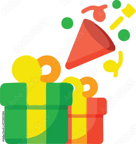Colorful presents and party confetti explode from a popper