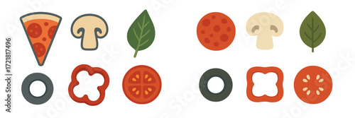 Different pizza toppings and ingredients displayed in a fun and colorful design suitable for food lovers and cooking enthusiasts