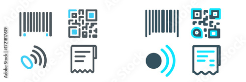 Simple designs of barcodes and QR codes with other related symbols, showcasing modern technology for scanning and payment