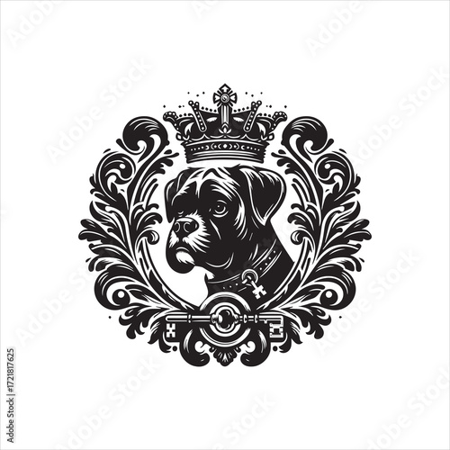 Regal Boxer Dog Portrait with Ornate Crown and Key Emblem.