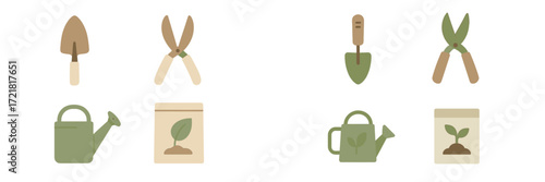 Various gardening tools and supplies displayed for planting and nurturing plants