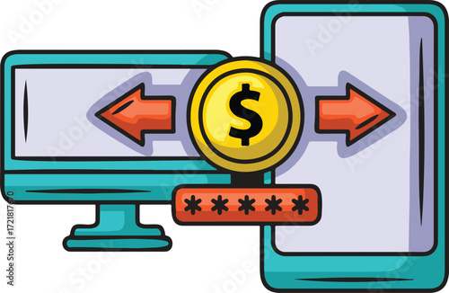 Computer and phone screen with money arrows and password
