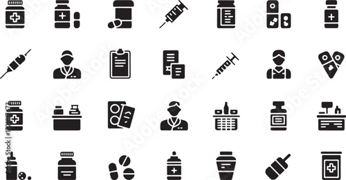 Collection of medical and pharmaceutical icons including bottles pills syringes and medical professionals
