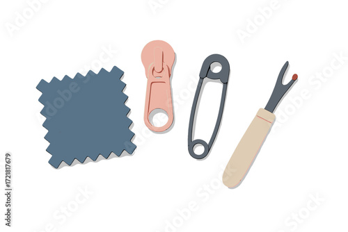 Sewing tools arranged neatly on a white surface showcasing fabric swatch and zipper parts
