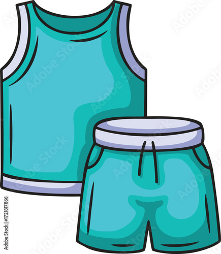A teal tank top and shorts set with white trim