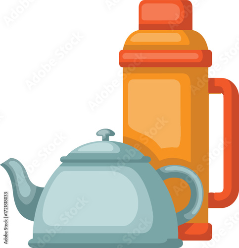 A teapot in front of an orange thermos