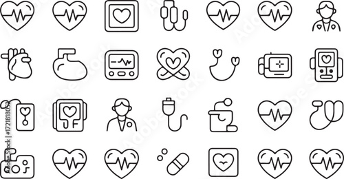 Medical icons electrocardiogram heart stethoscope doctor and equipment electrocardiogram heart icon heart pulse line