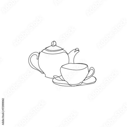 Tea Pot With Cup One Line Art