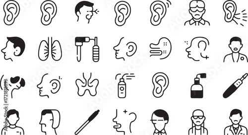 Medical icons of ears lungs nose and doctors with medical instruments hearing ear canal