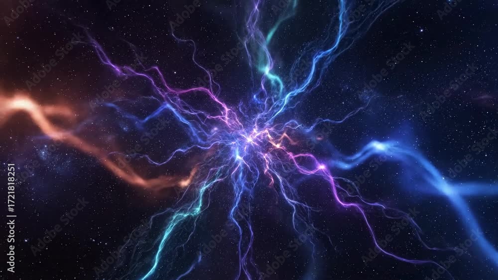 Cosmic Energy Burst - Abstract visualization of cosmic energy, featuring vibrant, glowing plasma streams and nebulae against a backdrop of stars.