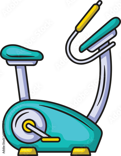 A turquoise stationary bicycle with yellow accents