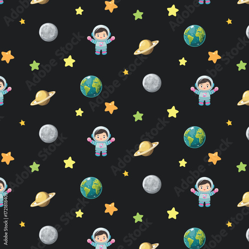 Cute Astronaut Kids Seamless Pattern with Planets, Stars, and Moon on Dark Background