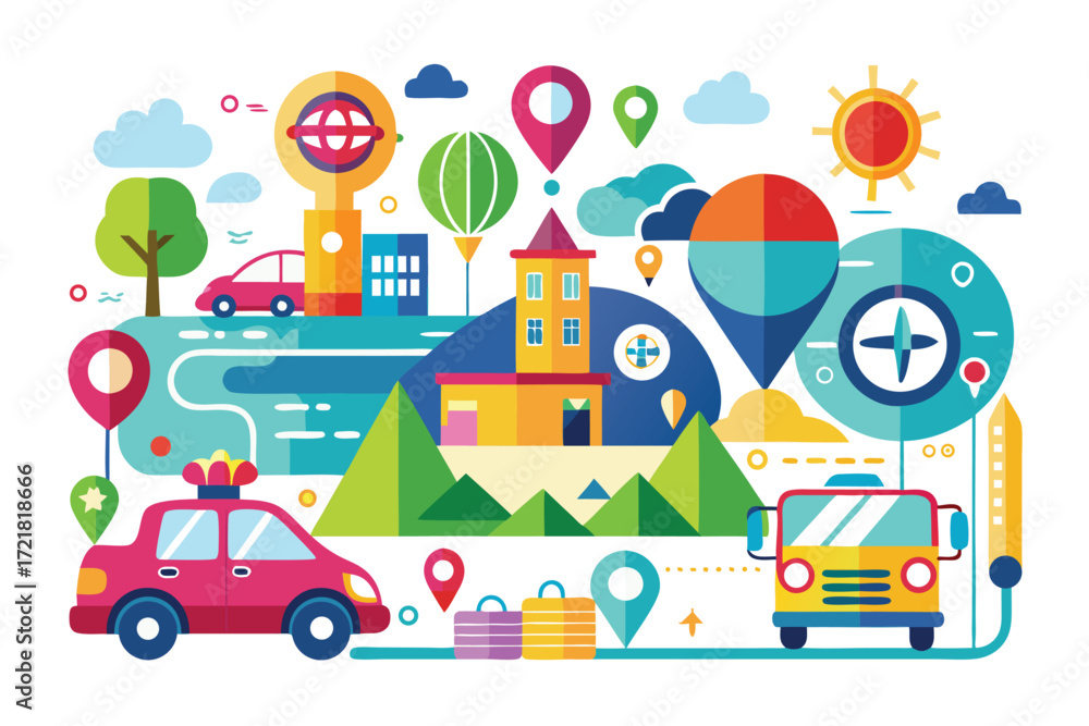 Naklejka premium Colorful illustration depicting a vibrant travel scene with cars, mountains, and various travel icons