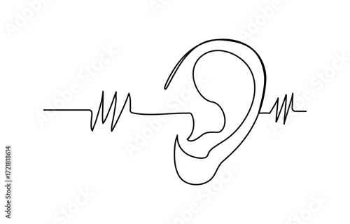 Continuous one line drawing of human ear with sound waves one line drawing illustration icon