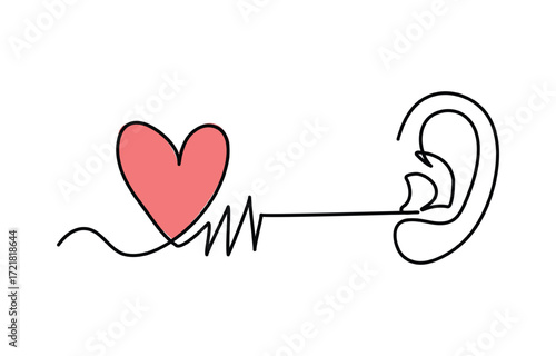 Continuous one line drawing of human ear with sound waves one line drawing illustration icon