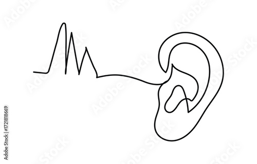 Continuous one line drawing of human ear with sound waves one line drawing illustration icon