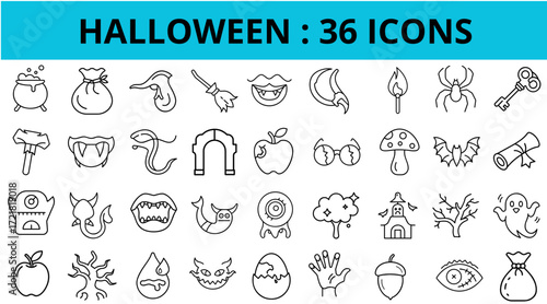 Halloween set of 36 icons including spooky symbols and decorations  