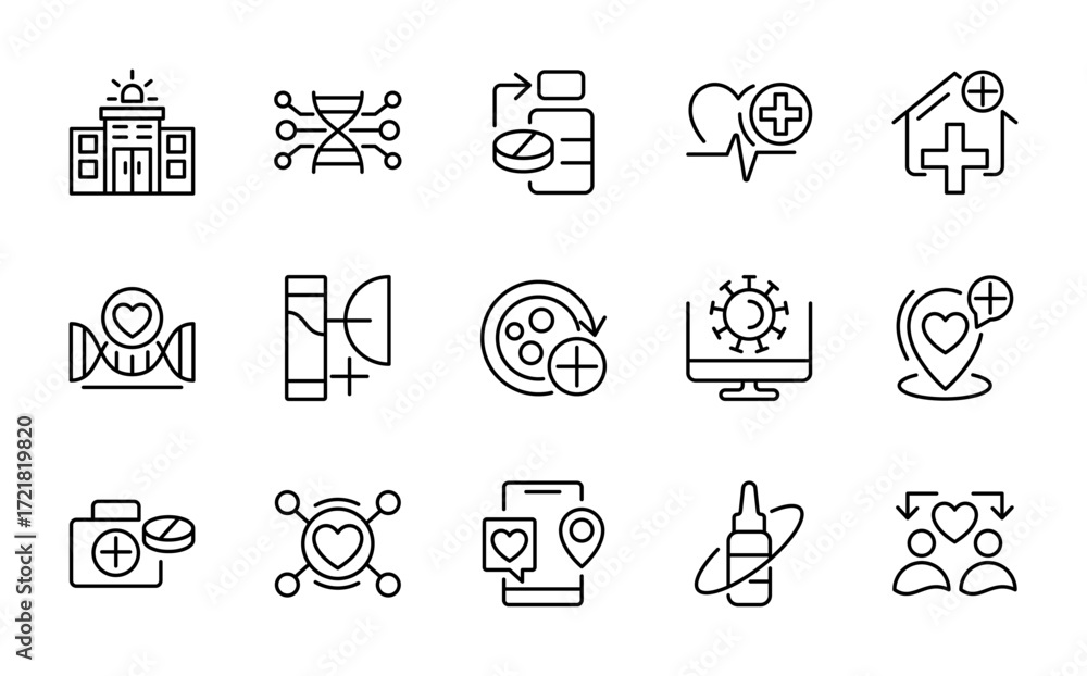 Fototapeta premium Hospital linear icon collection. Doctors, healthcare, nurses, patients, medical care, emergency, vaccines, hygiene, diagnostics, vector thin icon pack