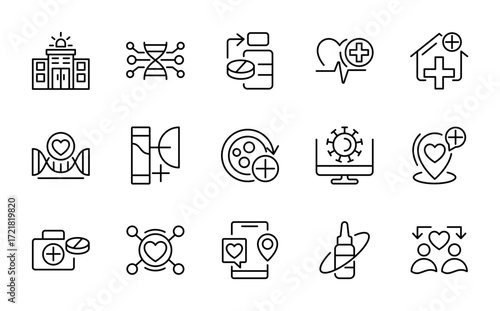 Hospital linear icon collection. Doctors, healthcare, nurses, patients, medical care, emergency, vaccines, hygiene, diagnostics, vector thin icon pack