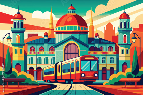 Colorful train station with vintage architecture and modern train in vibrant setting