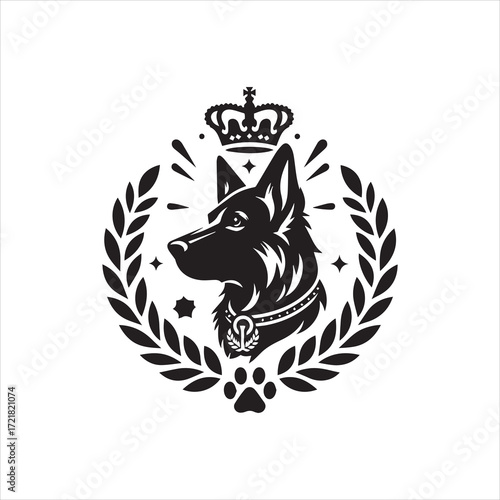 Regal German Shepherd Head with Crown and Laurel Wreath.