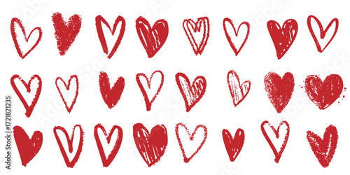 Crayon chalk hand drawn scribble red heart doodle Valentine's Day romantic love collection. Simple pen marker vector art