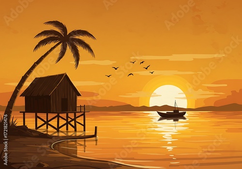 Tranquil Tropical Sunset with Palm Tree, Beach Hut, and Sailing Boat