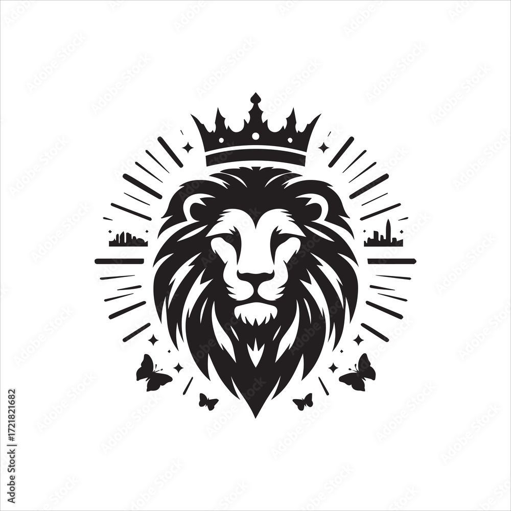 Obraz premium Regal Lion Head Silhouette with Crown Cityscape and Butterfly Accents.