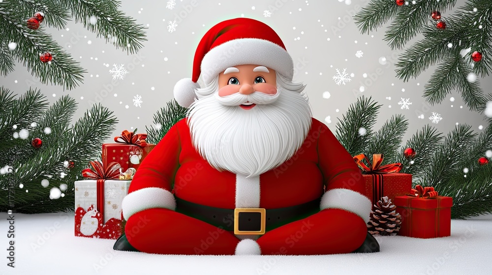 Fototapeta premium Cheerful Cartoon Santa Claus Surrounded by Christmas Gifts and Snow
