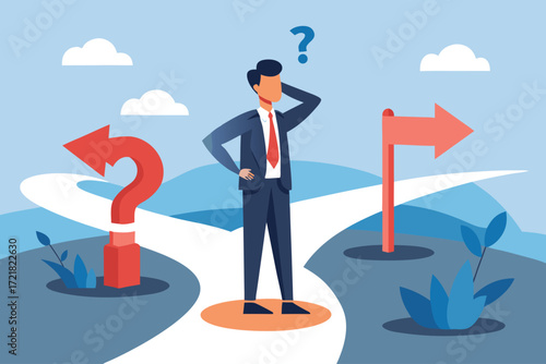Choosing between different paths in a business decision-making scene with arrows and a confused businessman