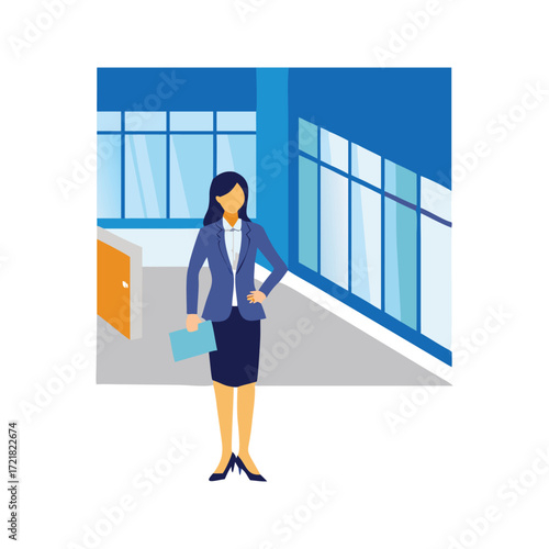 Confident female ceo standing in modern corporate office lobby businesswoman professionalism