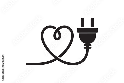 Heart Shaped Electric Plug Cable Silhouette Love Power Connection Icon Vector