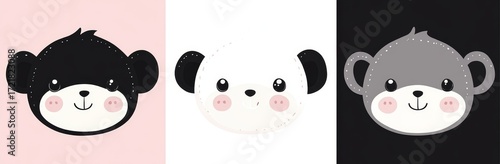 Modern illustration featuring the Monkey zodiac sign icon on a contrasting black background with pink and white accents as part of an astrological horoscope collection