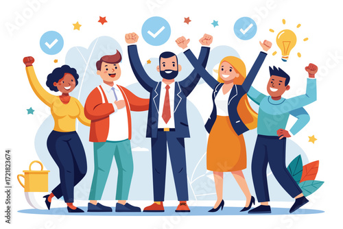 Group of diverse professionals celebrating success in a cheerful office environment with positive energy