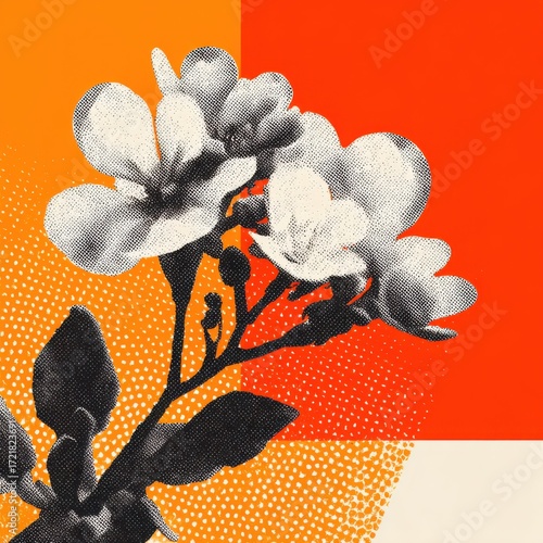 Delicate white flowers with dark leaves against a bright orange and cream background floral nature