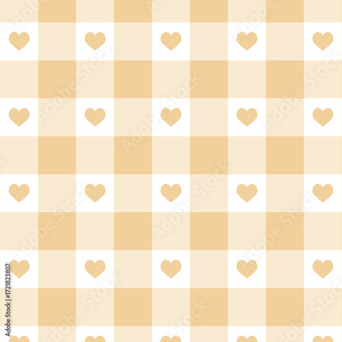 Pastel Orange color Gingham check seamless pattern design with cute hearts